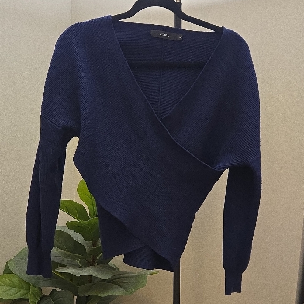 Zcsia Elegant Deep Navy Blue V-Neck Faux Wrap Sweater Top Blouse Spring